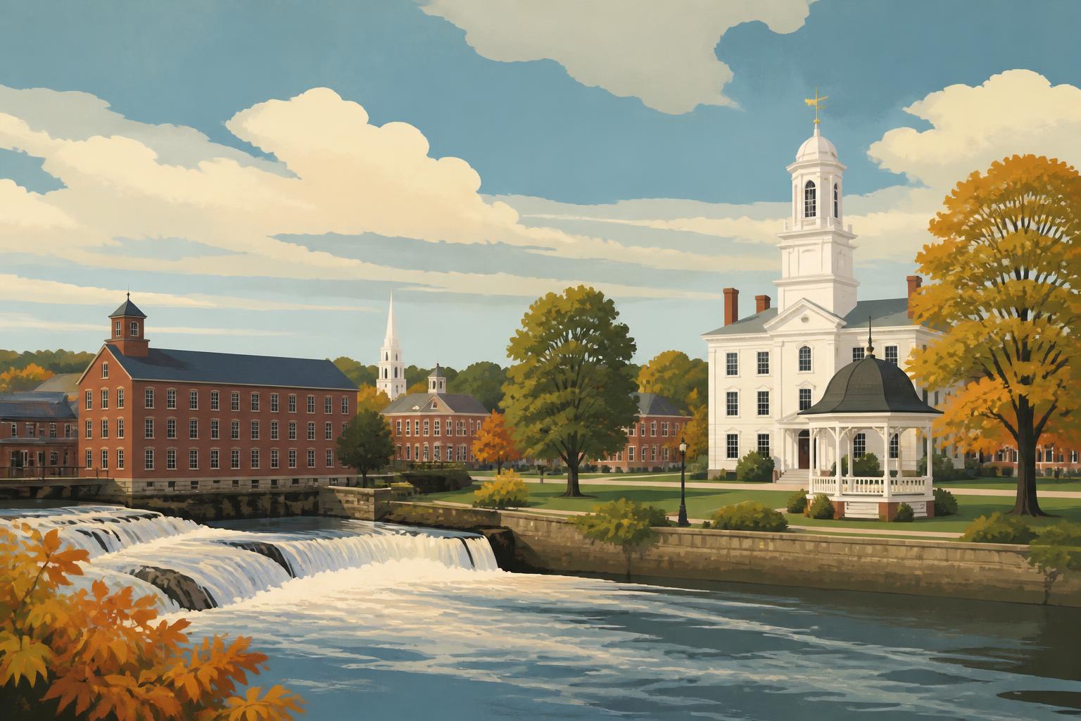 Editorial illustration of Exeter, New Hampshire: the Squamscott River falls beside a red-brick mill block, a white federal town hall with a cupola, a bandstand and autumn elms