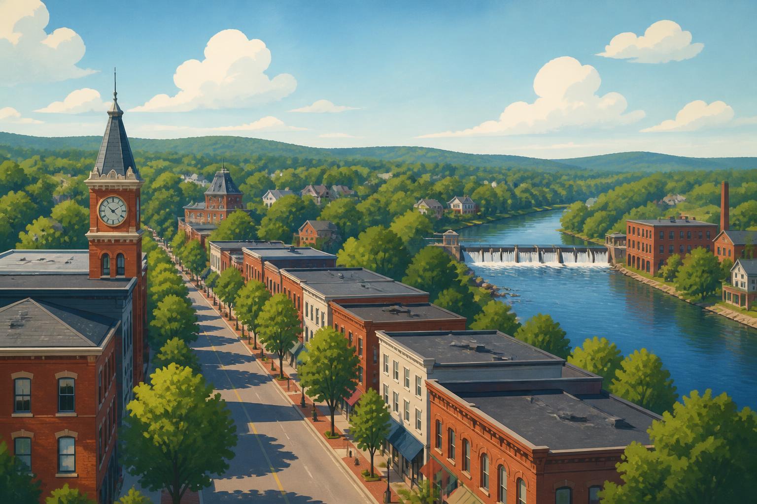 Editorial illustration of Nashua, New Hampshire: a tree-lined brick main street with a clock tower, the Nashua River and its dam, and leafy neighborhoods under rolling hills