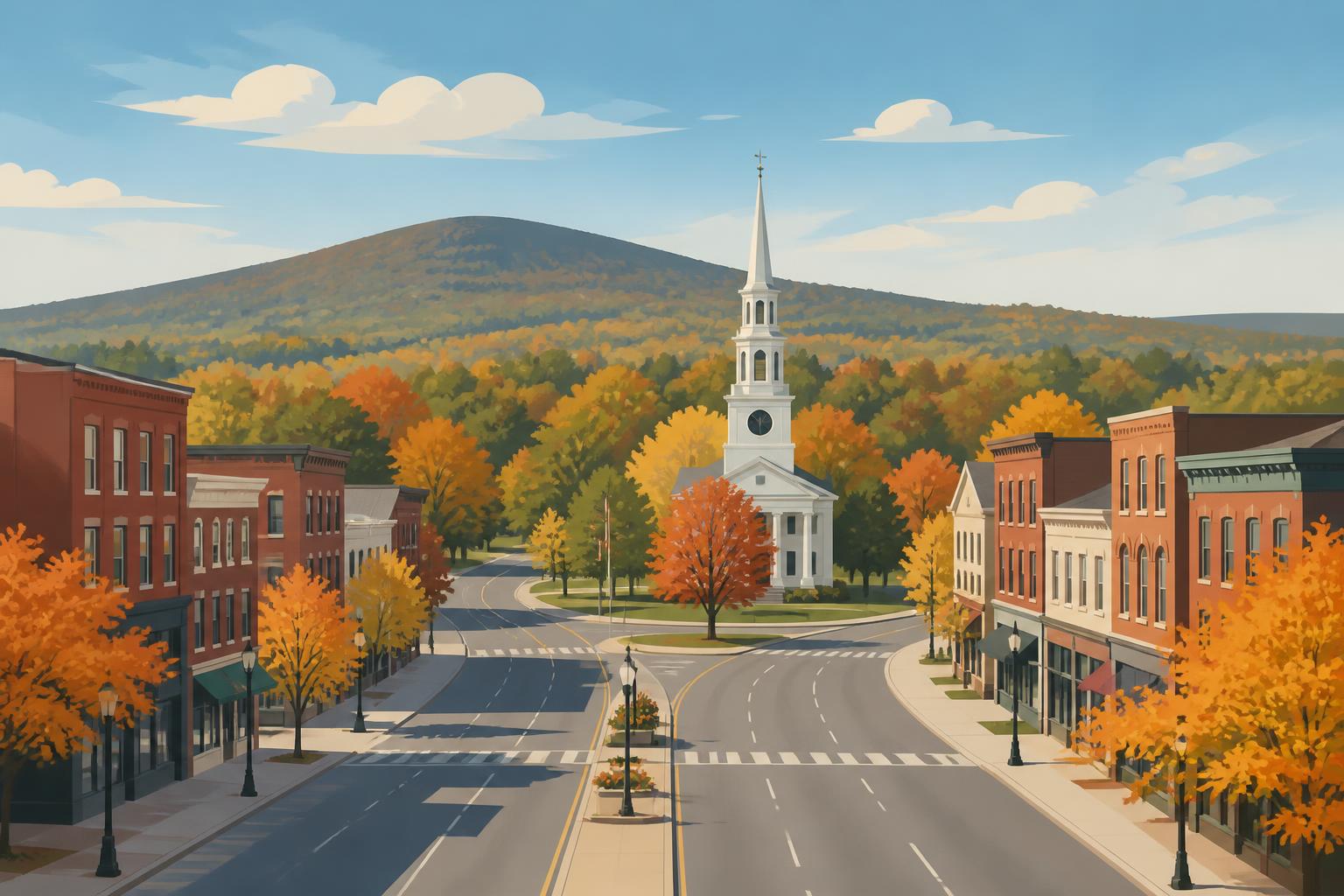 Editorial illustration of Keene, New Hampshire: an unusually wide main street of brick storefronts converging on a white church steeple, with autumn maples and a forested hill behind