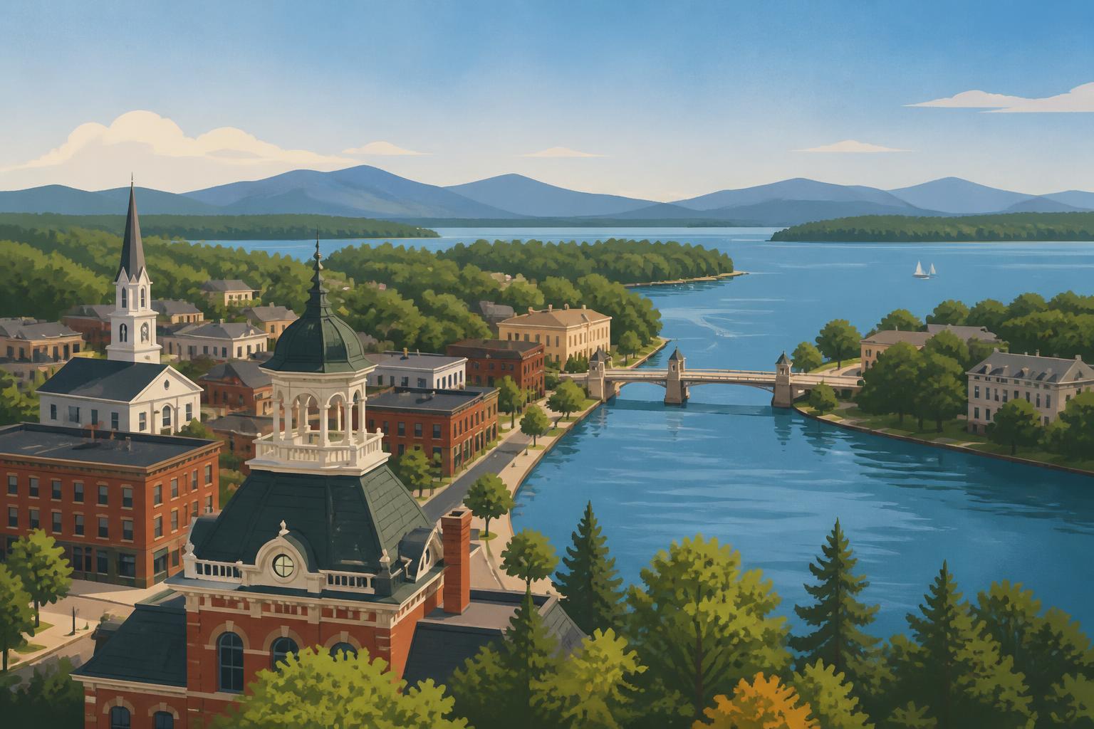 Editorial illustration of Laconia, New Hampshire: a brick downtown with an ornate railroad station cupola and church spire beside a bridged channel between two lakes, mountains beyond