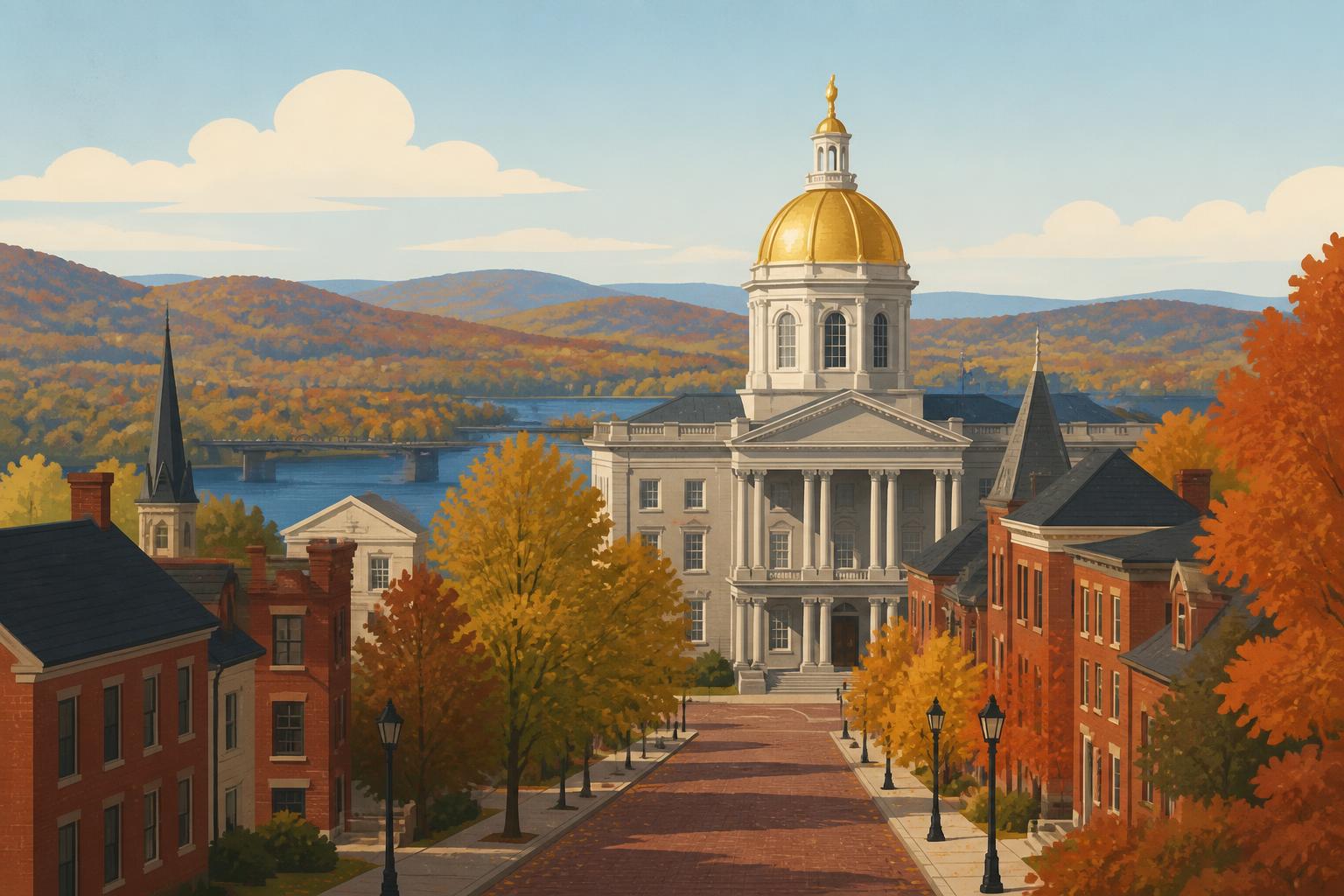 Editorial illustration of Concord, New Hampshire: the granite State House with its gold dome above a brick main street, the Merrimack River and autumn hills beyond