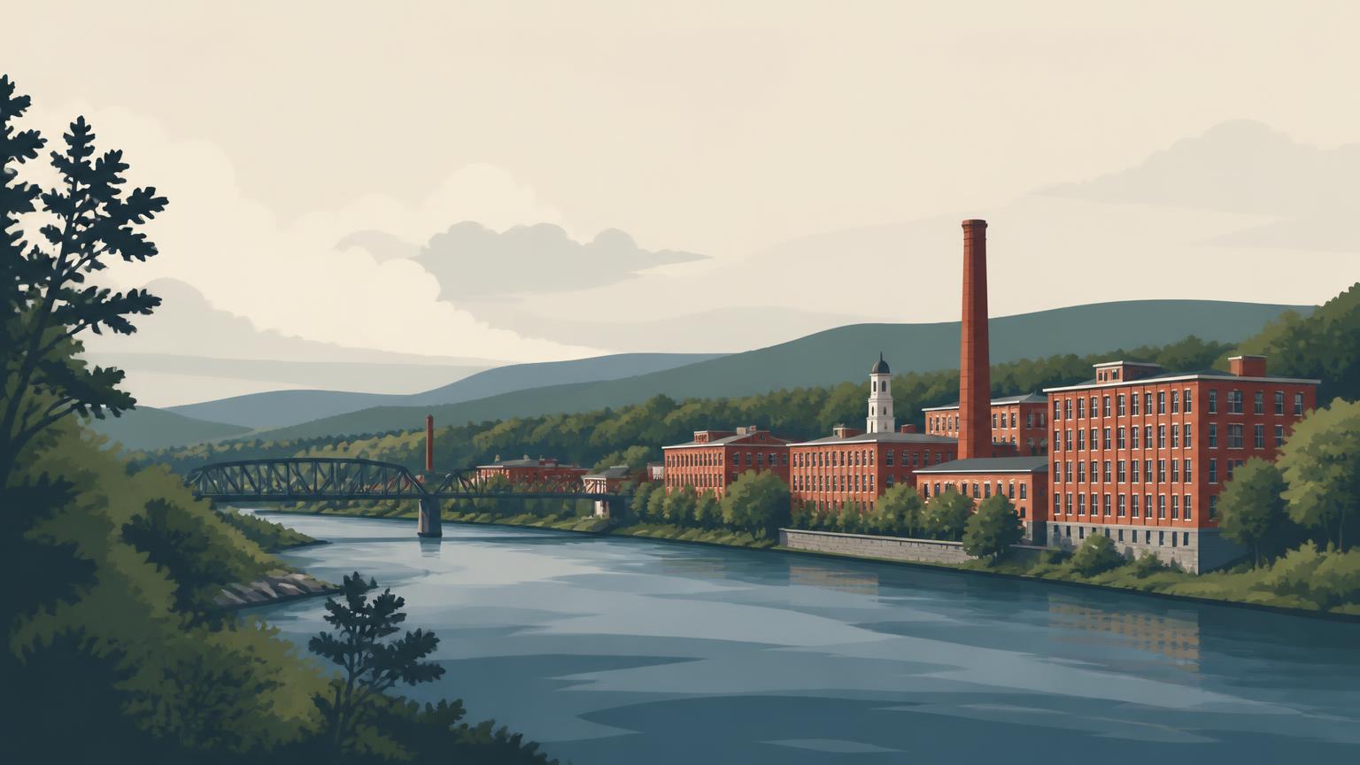 Editorial illustration of the Merrimack Valley: a broad river curving past red-brick mill buildings with a tall smokestack, a steel truss bridge and low wooded hills