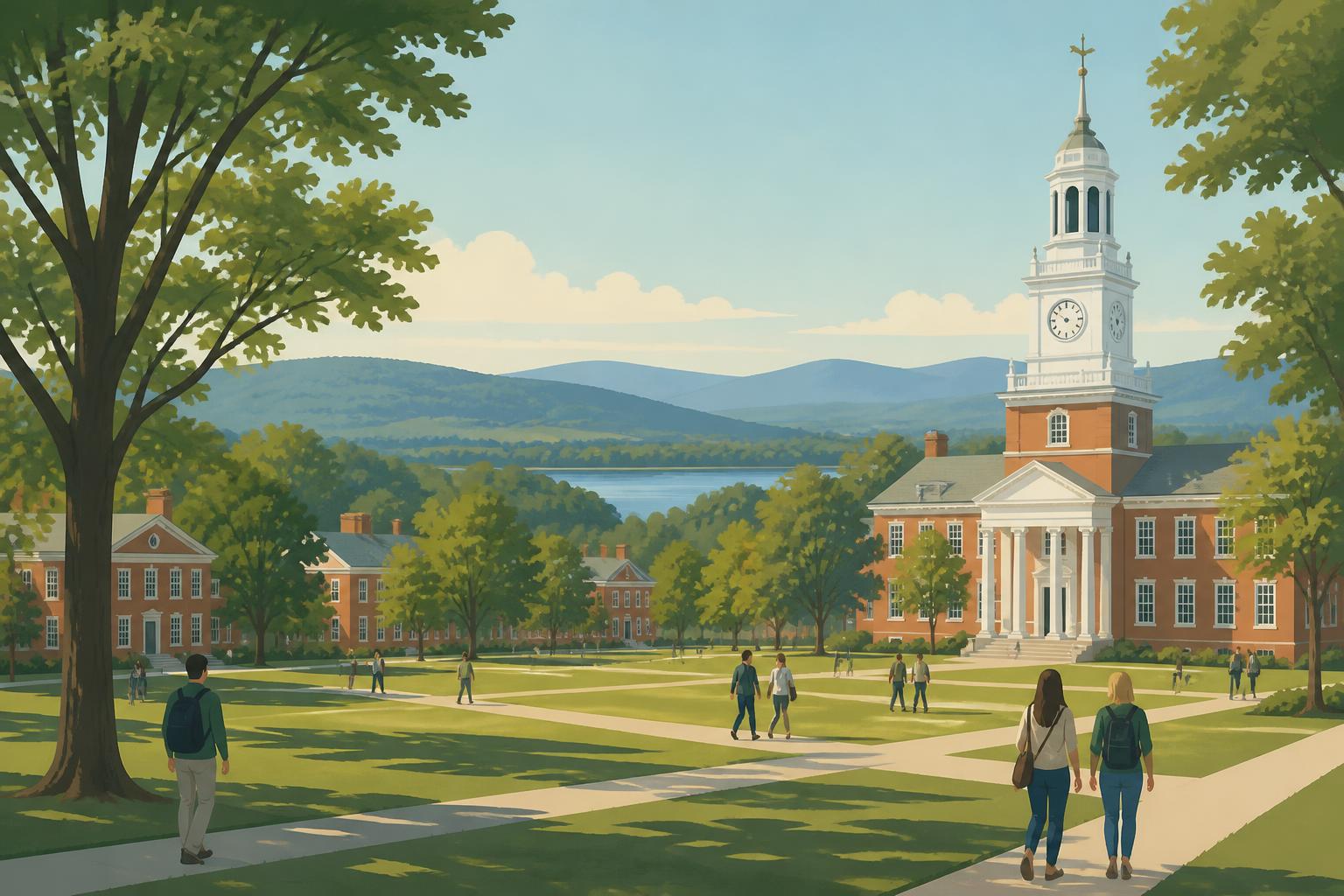Editorial illustration of Hanover, New Hampshire: a broad college green edged by Georgian brick halls and a white clock tower, with the Connecticut River valley and hills beyond
