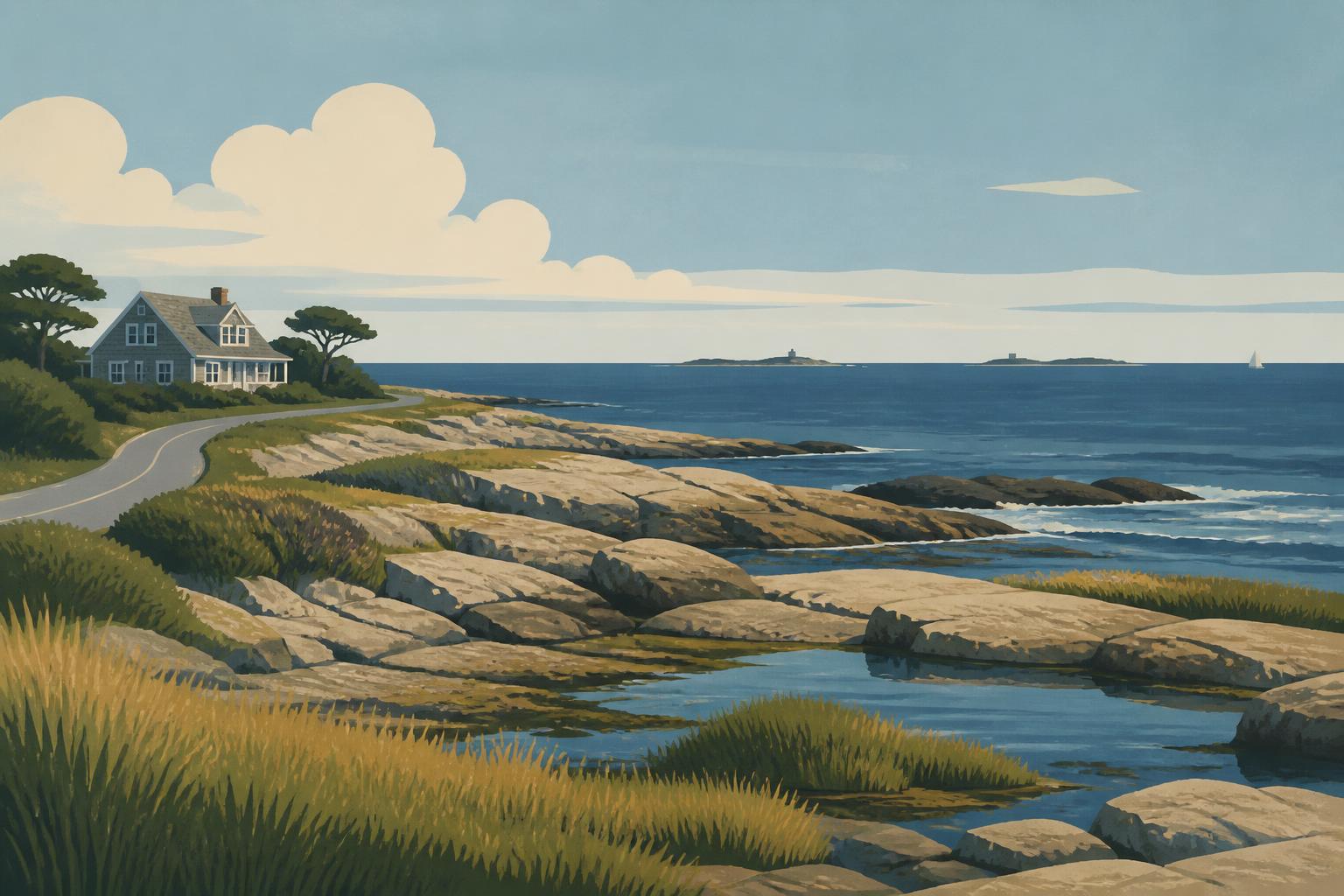 Editorial illustration of Rye, New Hampshire: granite shoreline ledges and tidal pools, salt marsh grass, a shingled house on a coastal road and distant islands offshore