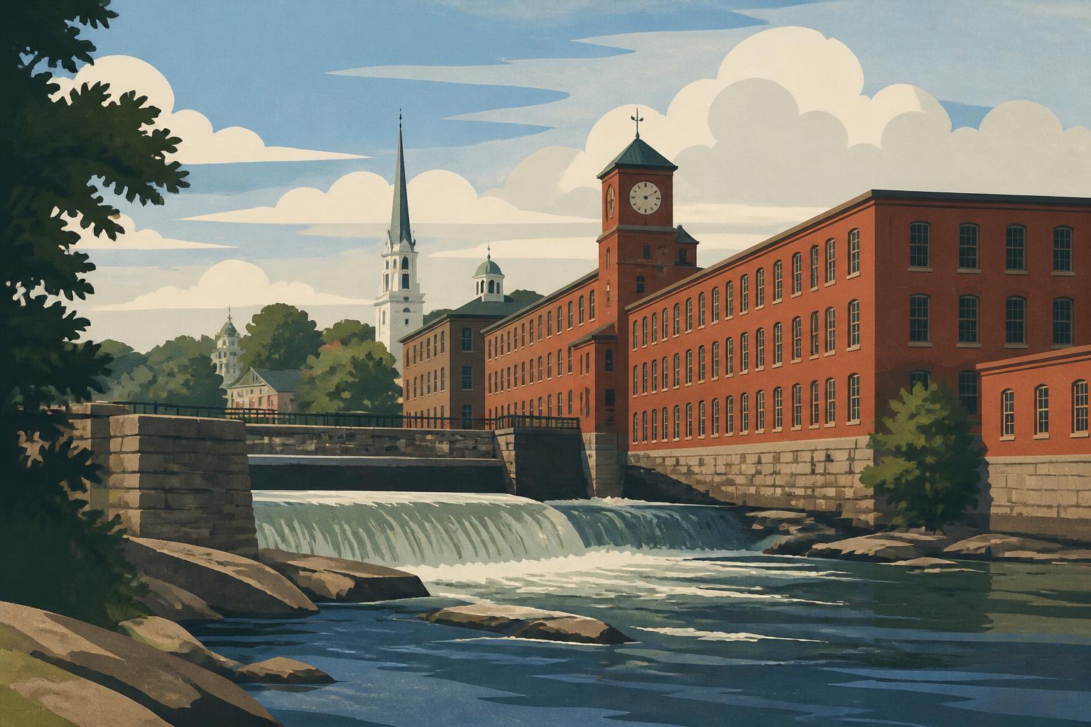 Editorial illustration of Dover, New Hampshire: long red-brick textile mills with a clock tower above the Cocheco River falls and a granite dam