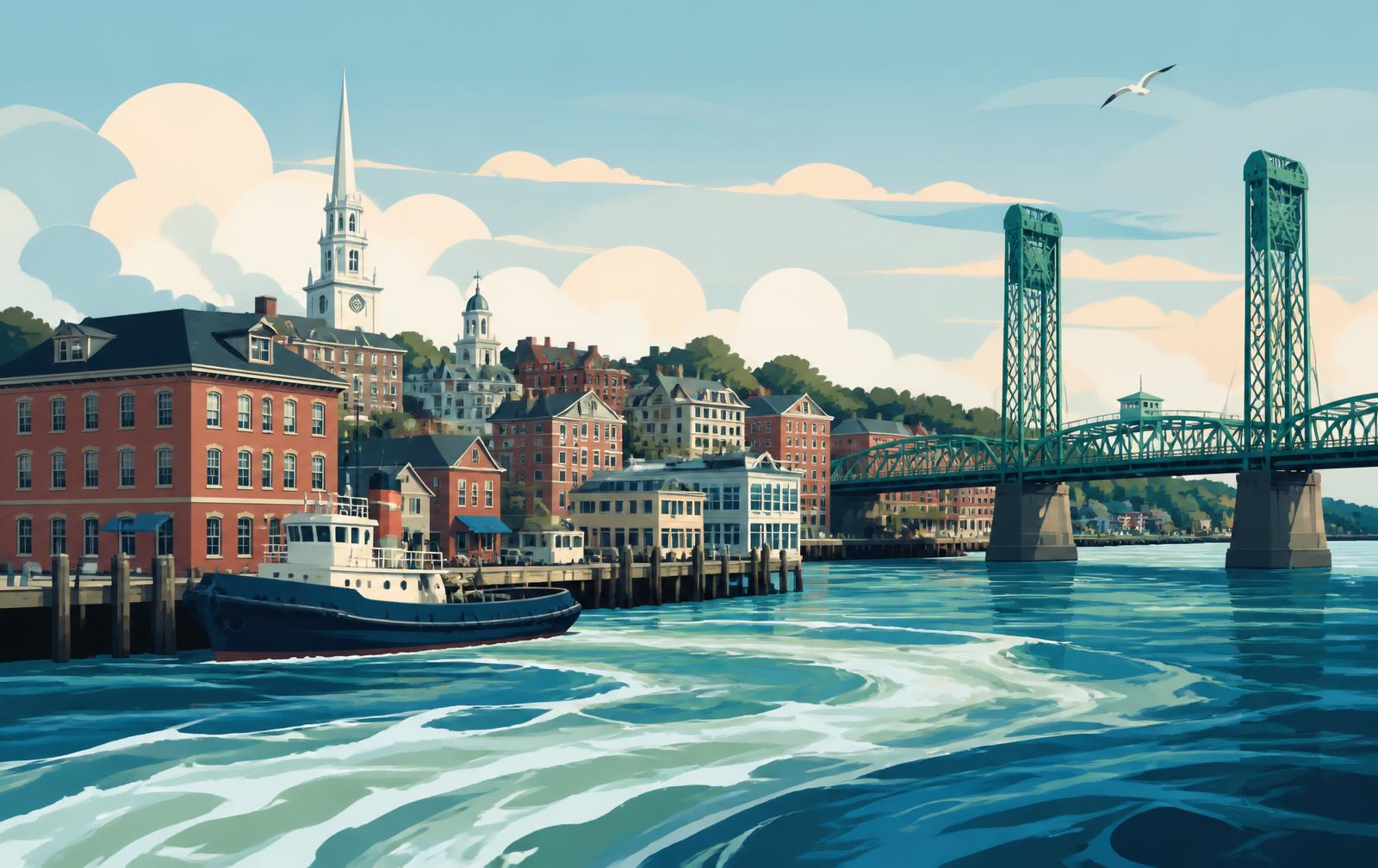 Editorial illustration of Portsmouth, New Hampshire: brick waterfront buildings and a white steeple above the Piscataqua River, a tugboat at the pier and the Memorial Bridge