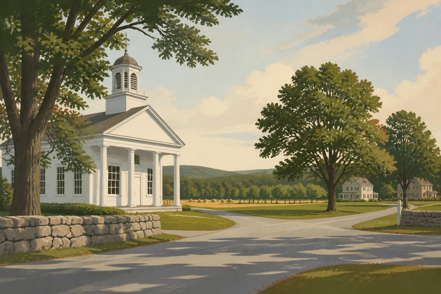 Editorial illustration of Bedford, New Hampshire: a white-columned meetinghouse at a country crossroads with stone walls, mature maples, hayfields and houses on wide green lawns