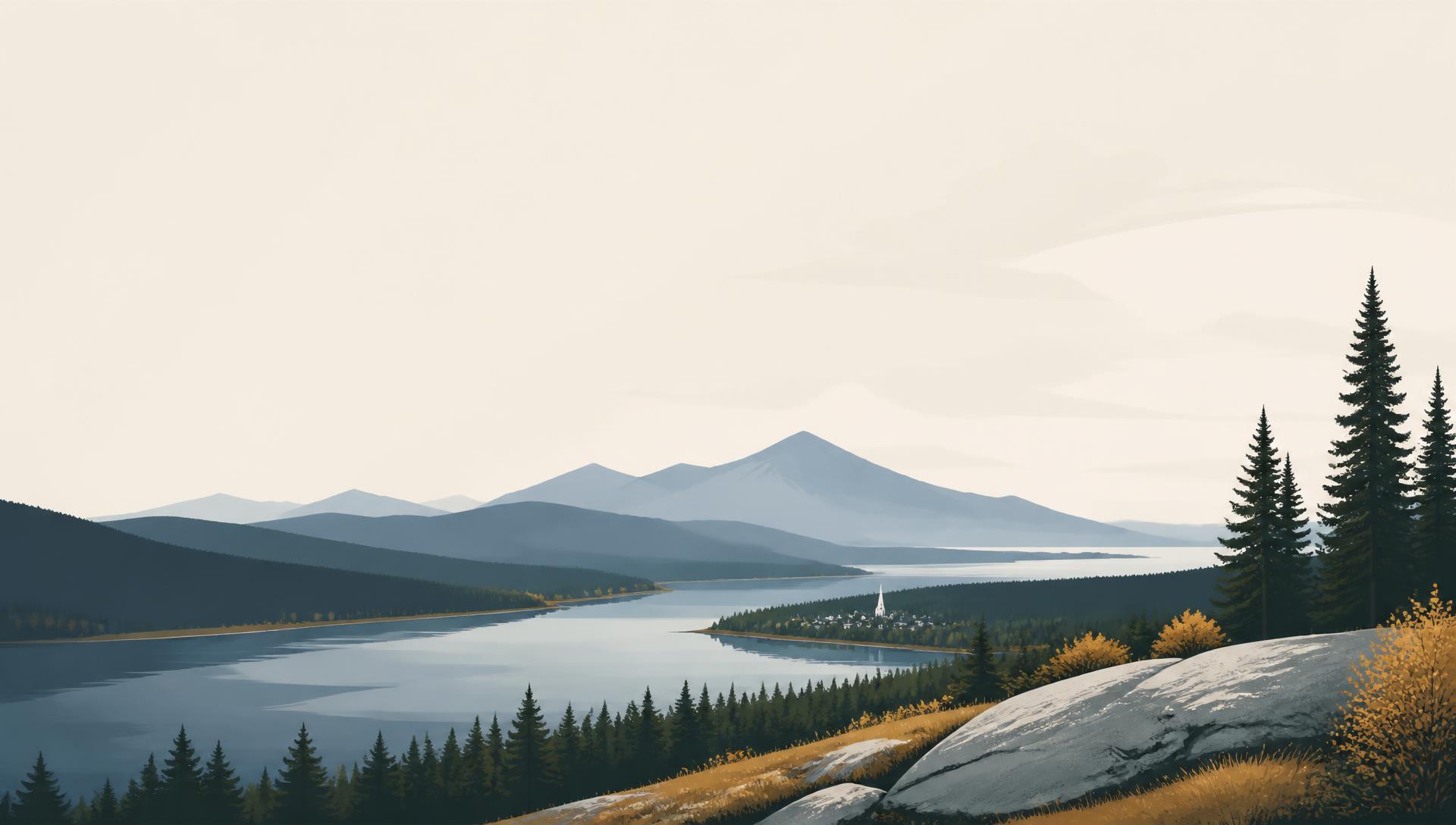 Editorial illustration of an imagined New Hampshire landscape: layered mountain ridges, a broad lake, spruce forest and a small white-steepled village under a wide sky