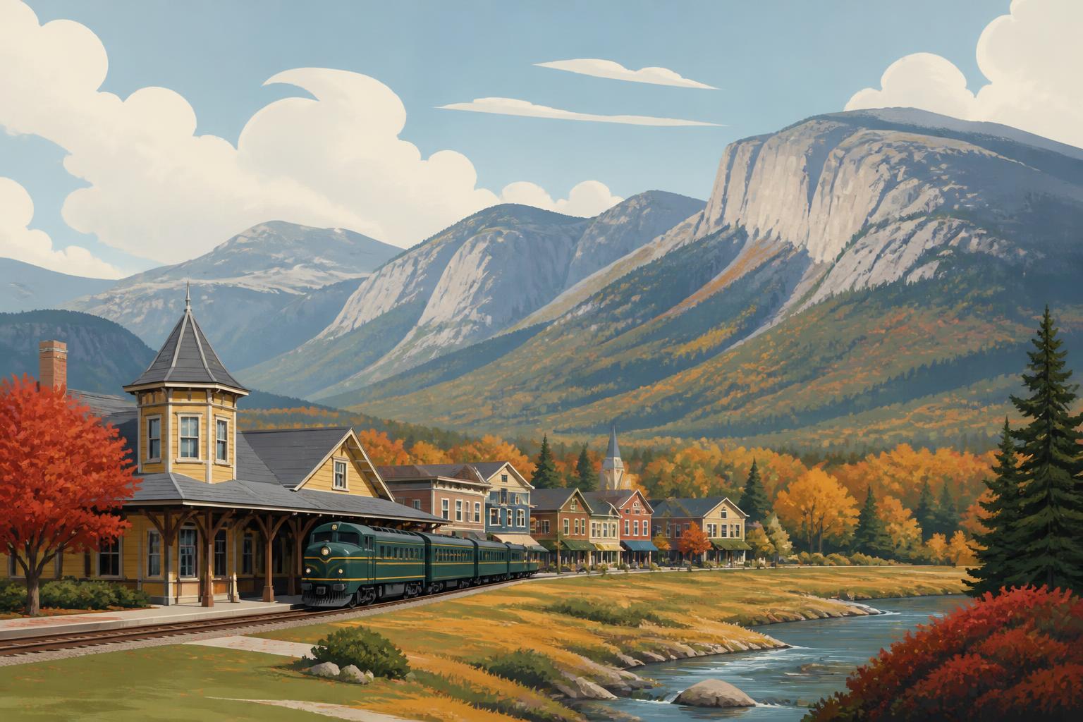 Editorial illustration of North Conway in Conway, New Hampshire: a Victorian railway depot and scenic train beside a village main street, the open intervale and river, and granite cliffs of the Mount Washington Valley in autumn