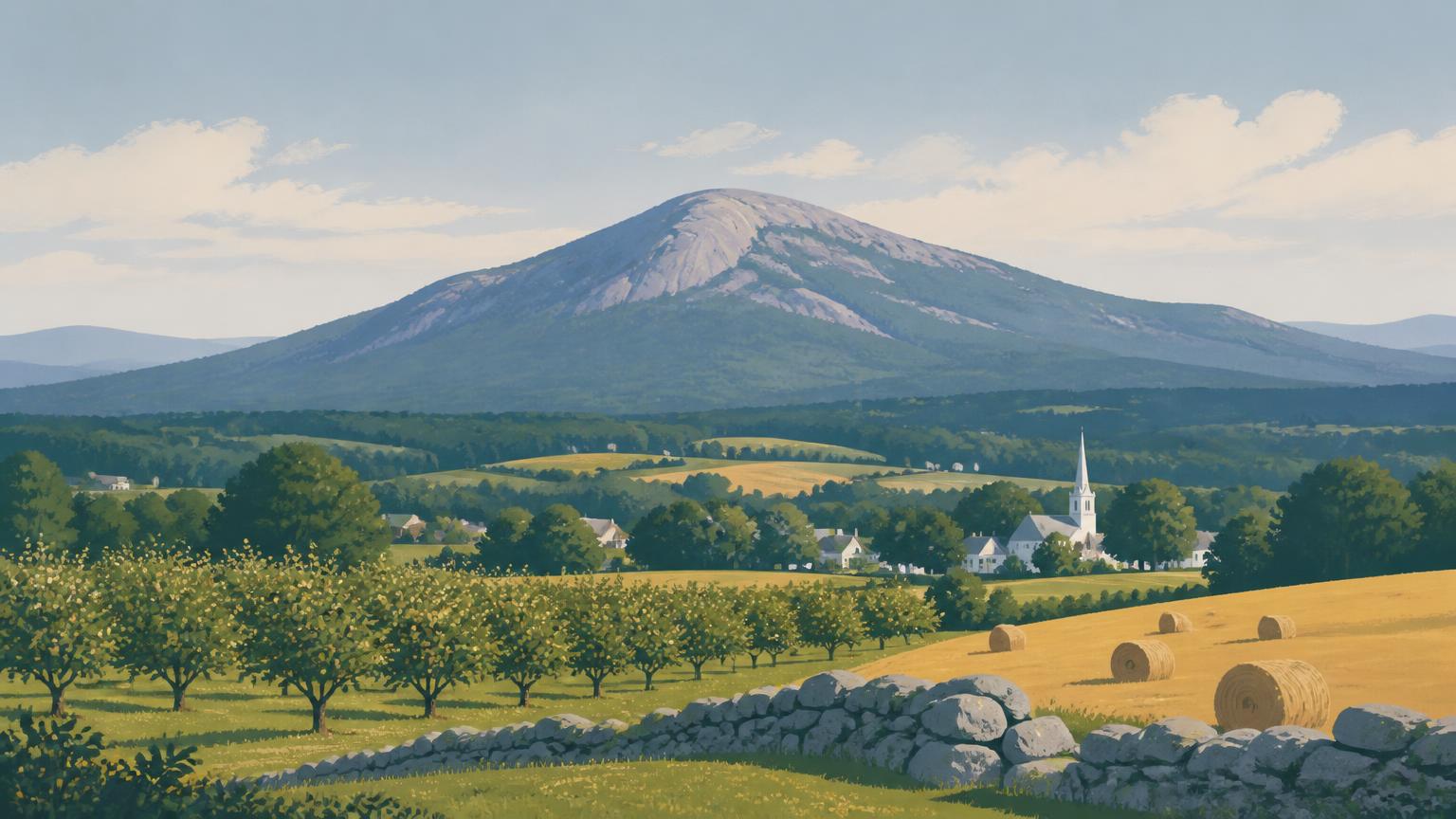 Editorial illustration of the Monadnock region: a solitary granite mountain above rolling farmland, stone walls, orchard rows and a small white-steepled village