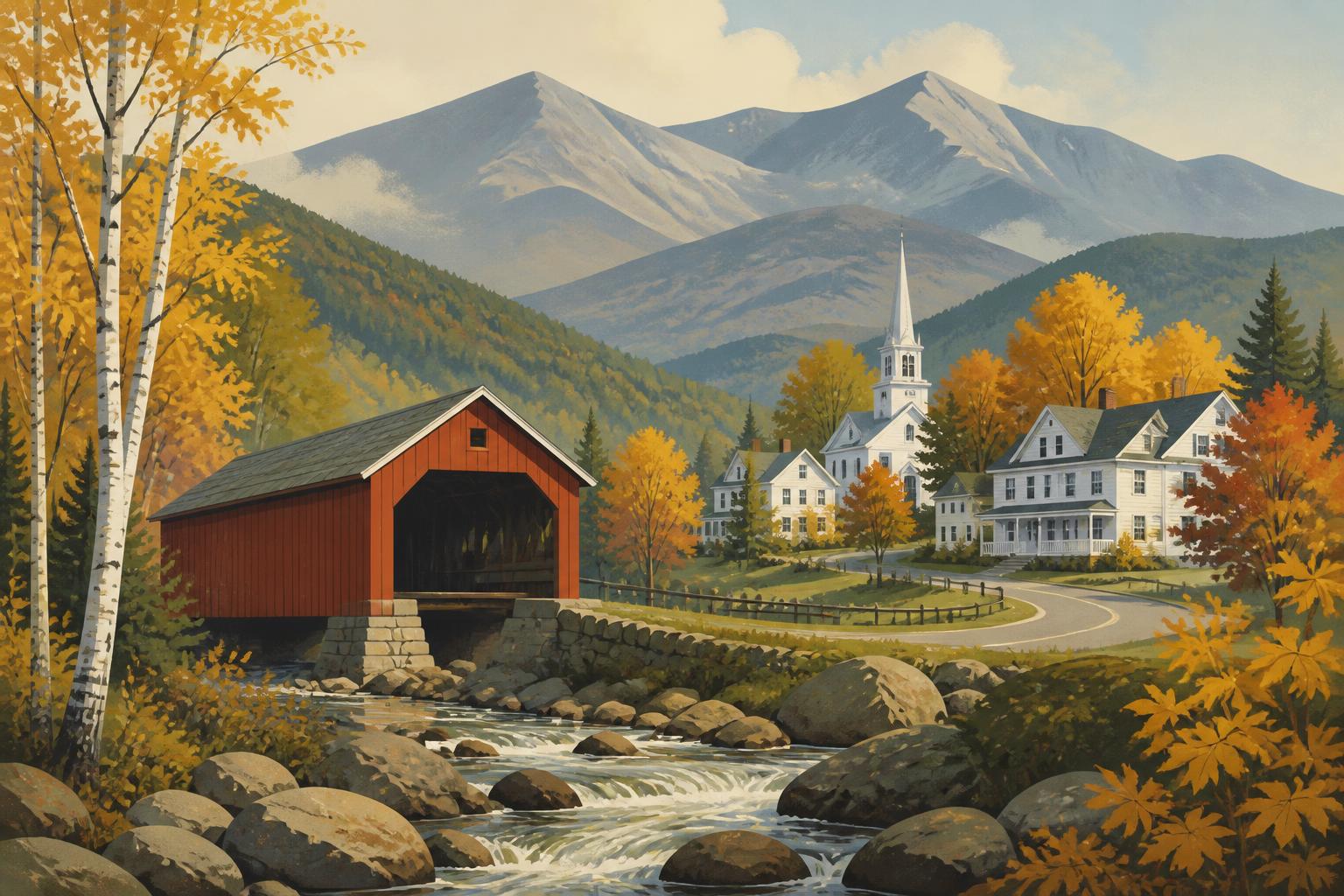 Editorial illustration of Jackson, New Hampshire: a red covered bridge over a rocky mountain brook leading to a small white village and church steeple below the Presidential Range in autumn