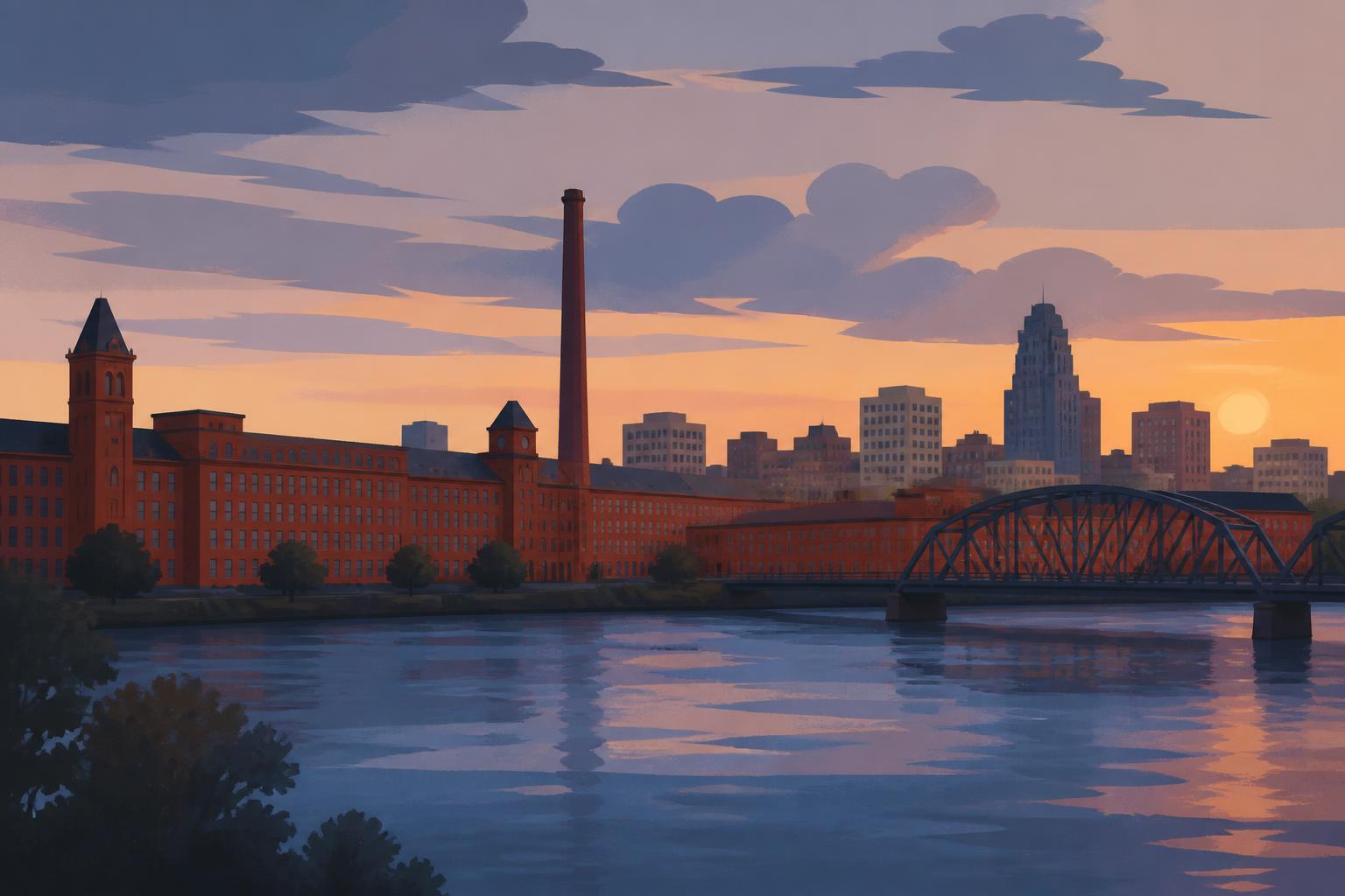 Editorial illustration of Manchester, New Hampshire: the Amoskeag millyard of red-brick buildings and a smokestack along the Merrimack River with a steel bridge and city skyline at dusk
