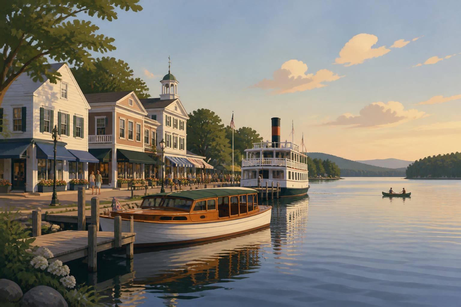 Editorial illustration of Wolfeboro, New Hampshire: a lakeside main street of clapboard storefronts meeting the town docks on Lake Winnipesaukee with a wooden launch and a steamer at the pier
