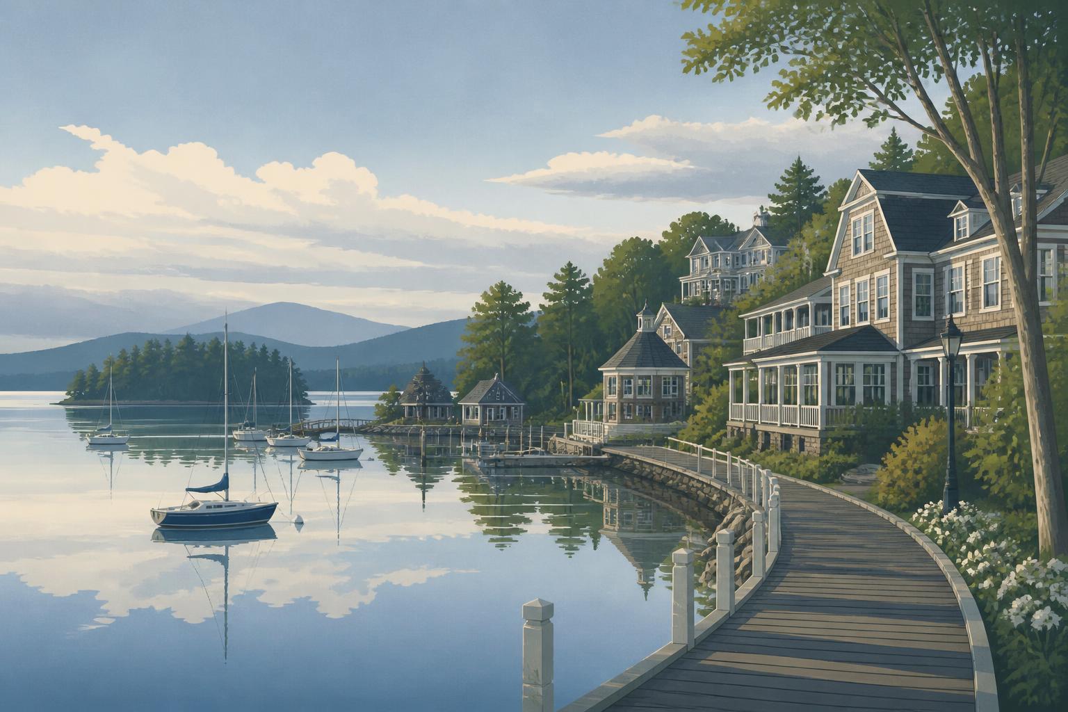 Editorial illustration of Meredith, New Hampshire: a Lake Winnipesaukee bay with a curving waterfront boardwalk, shingled inn buildings, moored sailboats and mountains across still water