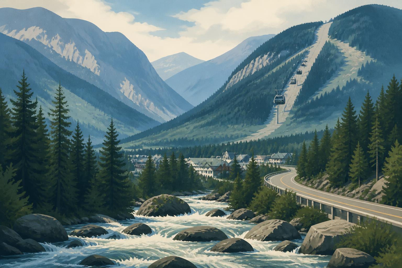 Editorial illustration of Lincoln, New Hampshire: a notch valley village below steep forested mountains with the Pemigewasset River over boulders, a ski gondola line and a highway into Franconia Notch