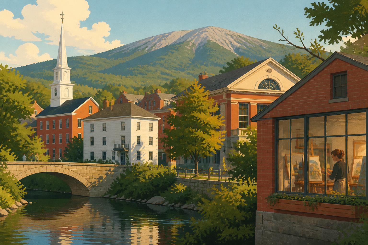 Editorial illustration of Peterborough, New Hampshire: brick and clapboard buildings along the Contoocook River with a stone footbridge, an artist studio window and Mount Monadnock beyond