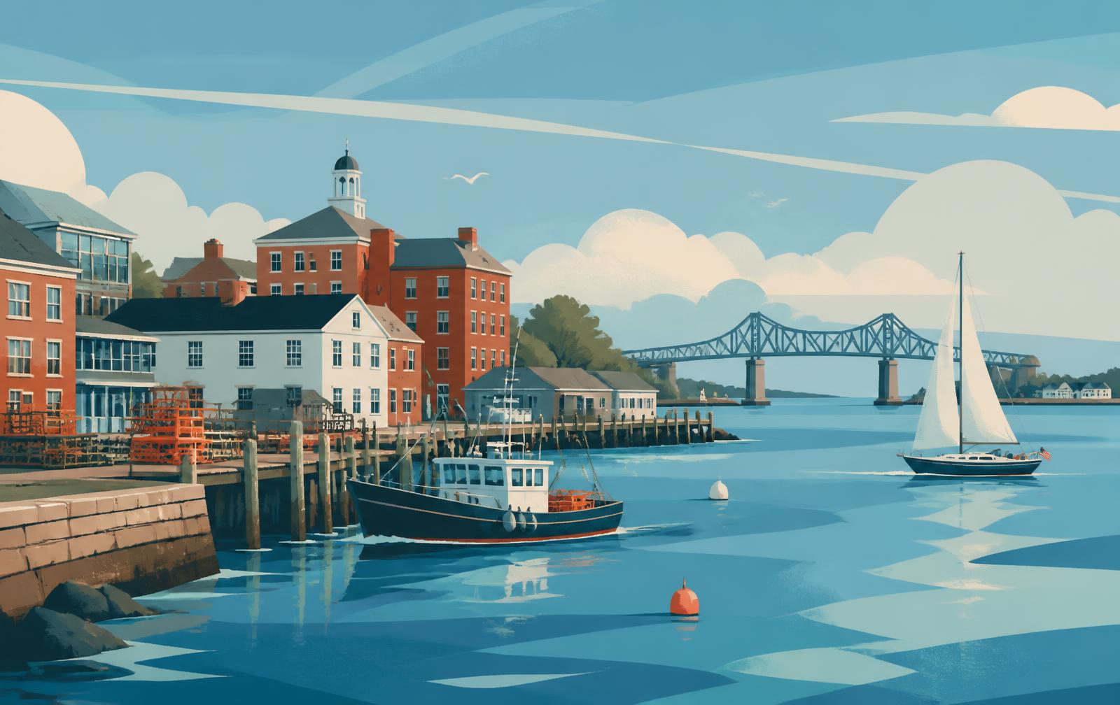 Editorial illustration of a New Hampshire Seacoast working harbor with brick waterfront buildings, a fishing boat and a steel bridge