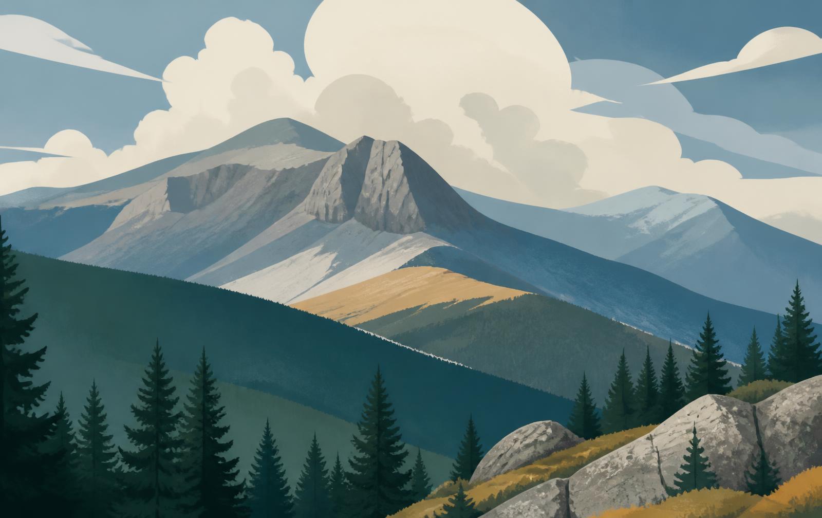Editorial illustration of the White Mountains with monumental granite ridges, spruce forest and a large cloud-filled sky