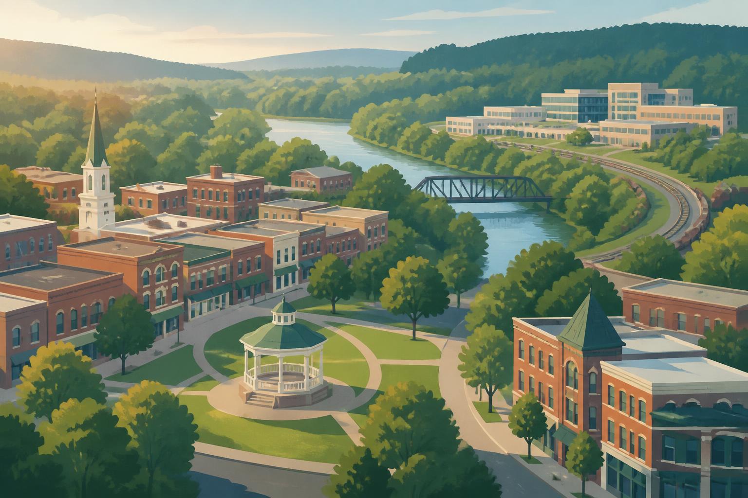 Editorial illustration of Lebanon, New Hampshire: a downtown green with a bandstand ringed by brick blocks, the Mascoma River, a rail line and a hillside medical campus