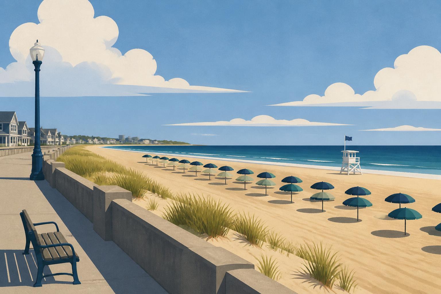 Editorial illustration of Hampton, New Hampshire: a broad sandy beach with ranked umbrellas, a seawall boardwalk, dune grass and the open Atlantic horizon