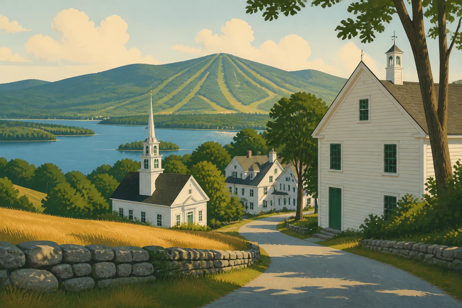 Editorial illustration of New London, New Hampshire: a hilltop village of white clapboard buildings and stone walls above Lake Sunapee with Mount Sunapee ski trails beyond